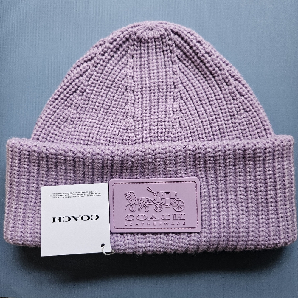 NWT Coach Lavender Purple Knit Hat Beanie Ribbed Texture Logo Tag Merino Wool